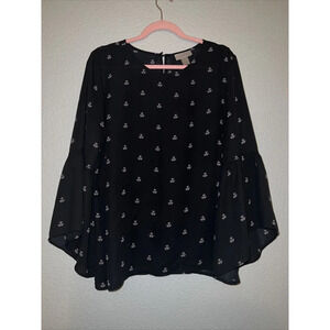 LOFT Blue Blouse Black Floral Print Size Large Long Sleeves